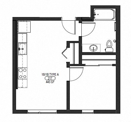 Floor plan for 1 bed, 1 bath, 445 sqft